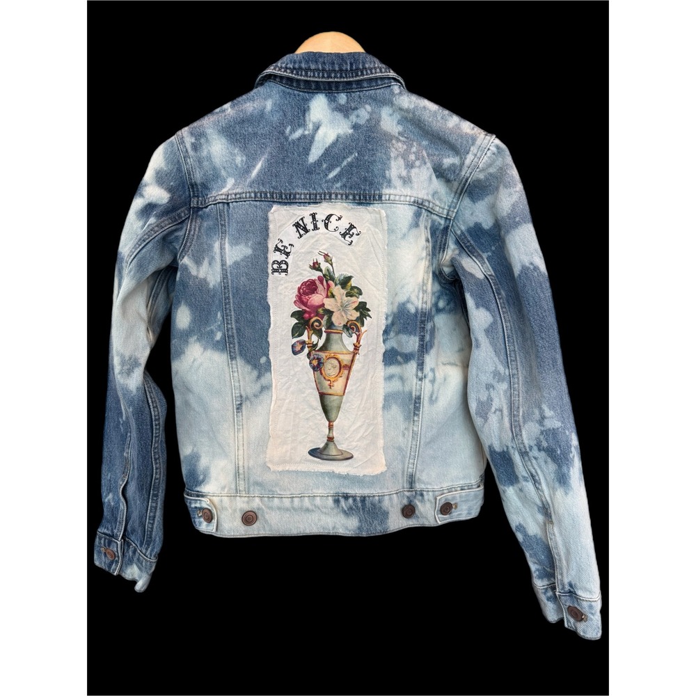 XS Bleach Wash Denim Jacket w/ Botanical Art Patches